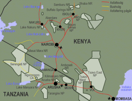 Karta över södra Kenya och norra Tanzania.